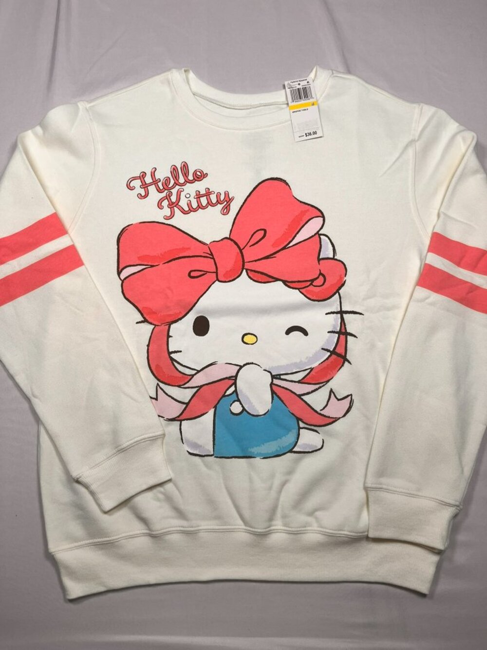 Sanrio Hello Kitty Sweatshirt Womens Medium White Pink Sleeve Stripe Graphic NWT